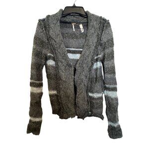 Free People Women’s Open-Front Cardigan M Wool Blend Cable Knit Gray Striped Swe